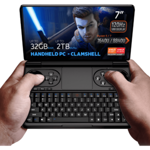 GPD WIN Mini 2024: Powerful handheld gaming PC with 7" FHD 120Hz VRR touchscreen. Features AMD Ryzen 7 8840U CPU, Radeon 780M GPU, 32GB RAM, 2TB NVMe storage. Compact clamshell design with full keyboard and gaming controls. Versatile connectivity including Wi-Fi 6E and Bluetooth 5.2. Runs Windows 11 Home. DROIX branding visible. Compact form factor offers portability and power for gaming and productivity on-the-go.