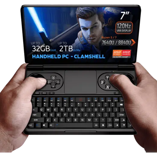 GPD WIN Mini 2024: Powerful handheld gaming PC with 7" FHD 120Hz VRR touchscreen. Features AMD Ryzen 7 8840U CPU, Radeon 780M GPU, 32GB RAM, 2TB NVMe storage. Compact clamshell design with full keyboard and gaming controls. Versatile connectivity including Wi-Fi 6E and Bluetooth 5.2. Runs Windows 11 Home. DROIX branding visible. Compact form factor offers portability and power for gaming and productivity on-the-go.