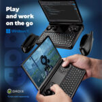 DROIX handheld gaming PC: Versatile Windows 11 device for play and work on-the-go. Features clamshell design with 7" touchscreen, full keyboard, and gaming controls. Dual-mode functionality showcased - coding on top screen, FPS gaming on bottom. Detachable grips for enhanced gaming comfort. Compact form factor ideal for portable productivity and gaming. *Note: Grips sold separately.