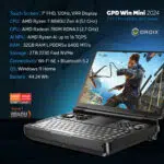 GPD WIN Mini 2024: Powerful handheld gaming PC with 7" FHD 120Hz VRR touchscreen. Features AMD Ryzen 7 8840U CPU, Radeon 780M GPU, 32GB RAM, 2TB NVMe storage. Compact clamshell design with full keyboard and gaming controls. Versatile connectivity including Wi-Fi 6E and Bluetooth 5.2. Runs Windows 11 Home. DROIX branding visible. Compact form factor offers portability and power for gaming and productivity on-the-go.
