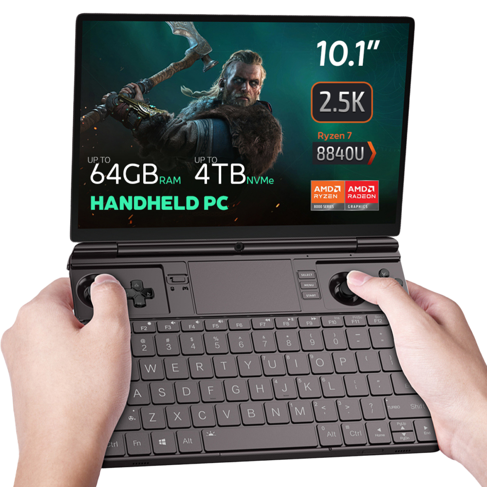 GPD WIN MAX  2 2024 PC portatile da gioco tenuto in mano mentre si gioca a the Witcher