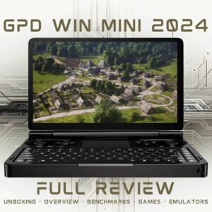 GPD WIN Mini 2024: Compact handheld gaming PC showcased in open clamshell position. High-resolution 7-inch display featuring a vibrant aerial view of a rural village with traditional houses and lush greenery. Full QWERTY keyboard visible below the screen, indicating dual functionality for gaming and productivity. Device surrounded by stylized circuit board patterns, emphasizing its technological prowess. Text overlay reads "GPD WIN MINI 2024" at the top and "FULL REVIEW" at the bottom, with subtext listing "UNBOXING - OVERVIEW - BENCHMARKS - GAMES - EMULATORS". The image blends real hardware presentation with graphical elements, suggesting a comprehensive review of the device's capabilities across various use cases. Black chassis contrasts with the colorful screen content, highlighting the device's sleek design and portability while promising powerful performance for gaming and beyond.