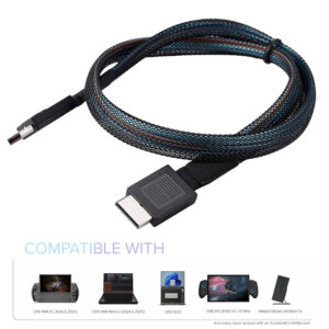 Image showcasing the ONEXPLAYER OCuLink cable with a durable braided design and connectors on both ends. Below, there is a compatibility section displaying supported devices, including GPD WIN 4 (2024 & 2025), GPD WIN MAX 2 (2024 & 2025), GPD DUO, ONEXPLAYER X1/X1 Mini, and MINISFORUM UM780XTX, along with a note mentioning compatibility with additional devices featuring OCuLink/M.2 NVMe ports