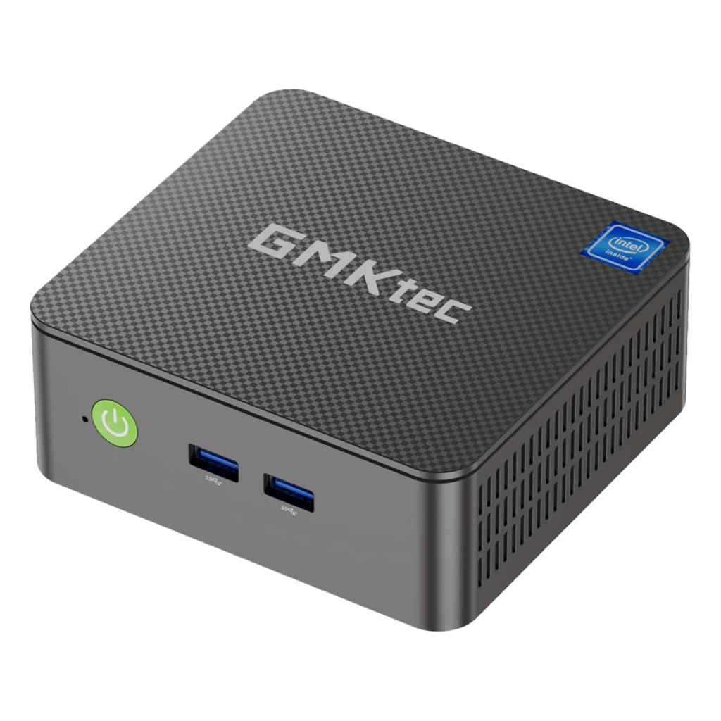 GMKtec G3 N100 mini PC running Windows 11 Pro, equipped with Intel UHD Graphics, WiFi 6, and Bluetooth 5.2. The compact black unit has a modern design with a smooth finish, front-facing power button, and an array of connectivity ports on the back, including HDMI, USB, and Ethernet.