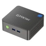 Front view of the GMKtec G3 N100 mini PC, showcasing its sleek black design with a smooth finish, a power button, and ventilation grilles. The minimalist front panel emphasizes its compact and modern aesthetic.