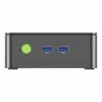 Front view of the GMKtec G3 N100 mini PC, emphasizing its modern and compact black design. The sleek front panel includes a power button and discreet ventilation grilles, offering a stylish and unobtrusive addition to any setup