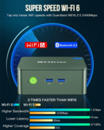 &quot;GMKtec G3 N100 mini-dator som kör Windows 11 Pro, utrustad med Intel UHD Graphics, WiFi 6 och Bluetooth 5.2. Den kompakta svarta enheten har en modern design med slät yta, strömknapp på framsidan och en rad anslutningsportar på baksidan, inklusive HDMI, USB och Ethernet.