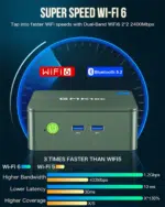 "GMKtec G3 N100 mini PC running Windows 11 Pro, equipped with Intel UHD Graphics, WiFi 6, and Bluetooth 5.2. The compact black unit has a modern design with a smooth finish, front-facing power button, and an array of connectivity ports on the back, including HDMI, USB, and Ethernet.