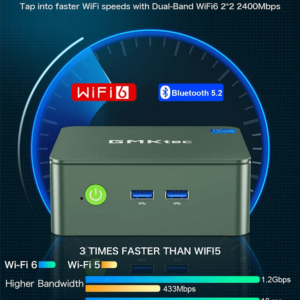 "GMKtec G3 N100 mini PC running Windows 11 Pro, equipped with Intel UHD Graphics, WiFi 6, and Bluetooth 5.2. The compact black unit has a modern design with a smooth finish, front-facing power button, and an array of connectivity ports on the back, including HDMI, USB, and Ethernet.