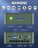 GMKtec G3 N100 mini PC, met een weergave van de vele input/output poorten. De layout bevat HDMI, USB, Ethernet en audiopoorten, ontworpen voor uitgebreide connectiviteit. Het compacte en efficiënte ontwerp zorgt voor eenvoudige toegang en veelzijdige functionaliteit.