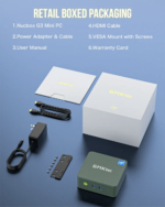 GMKtec G3 Mini PC box innehåll: inkluderar mini PC-enhet, nätadapter och snabbstartsguide. Snygg svart förpackning med produktinformation och specifikationer markerade.