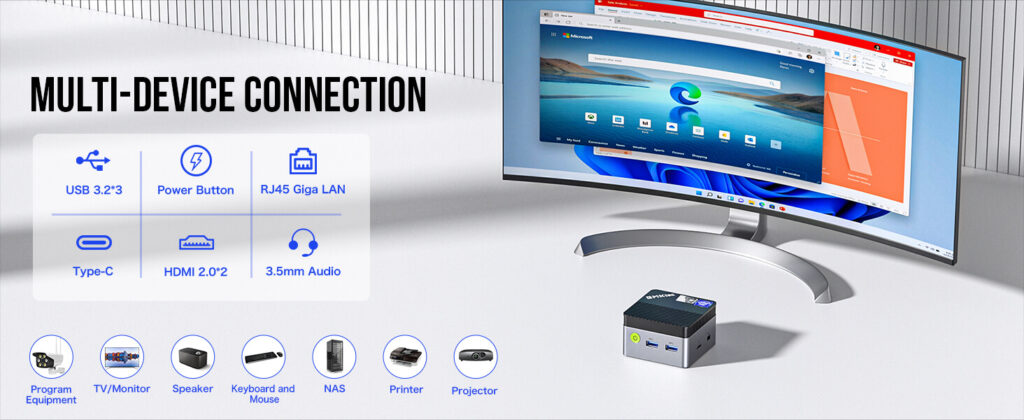 GMKtec NucBox G5 mini PC with multi-device connectivity capabilities, ideal for versatile computing and seamless integration with various peripherals.