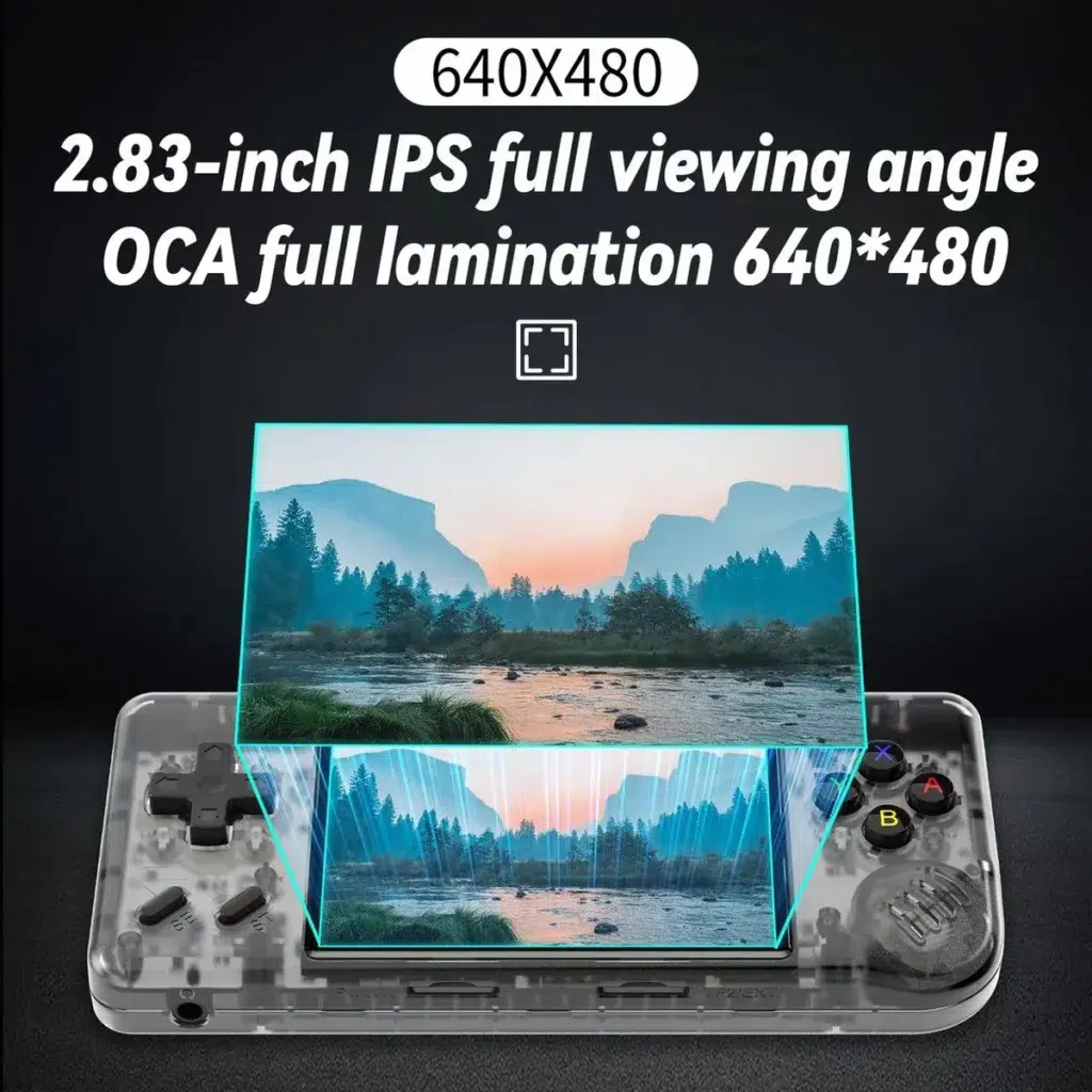 Anbernic RG28xx handheld gaming console with a 2.83-inch 640x480 display, featuring a retro design with a sleek, modern finish. The console includes ergonomic controls and a compact form factor ideal for portable gaming, with a sharp and vibrant screen for a great visual experience