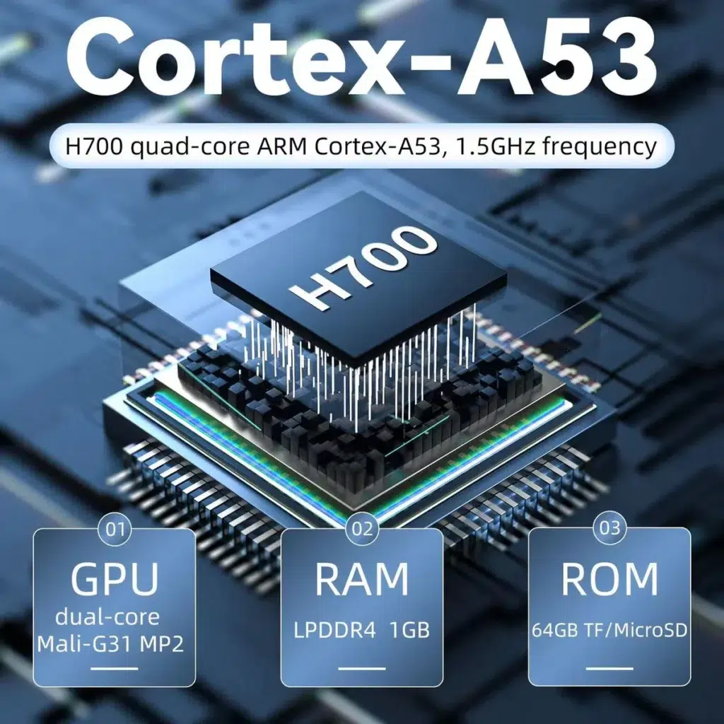 Anbernic RG28xx handheld gaming console with a Cortex-A53 processor, showcasing its retro design with a sleek, modern finish. The console features a vibrant screen, ergonomic controls, and a compact form factor ideal for portable gaming