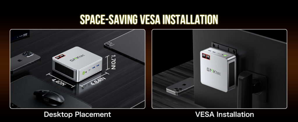 GMKtec NucBox K8 mini PC with VESA mount compatibility, allowing for convenient and space-saving installation behind monitors