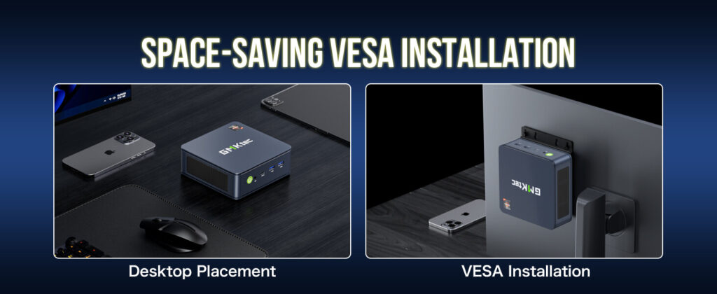 GMKtec NucBox M5 mini PC with space-saving VESA installation capability, perfect for mounting behind monitors