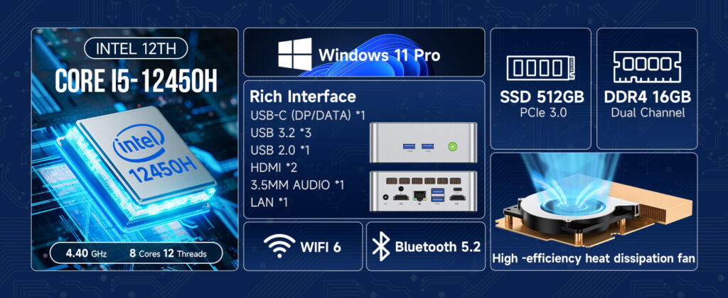 GMKtec NucBox M3 mini PC with Intel i5-12450H processor and Windows 11 Pro, offering a rich interface for seamless computing and productivity.