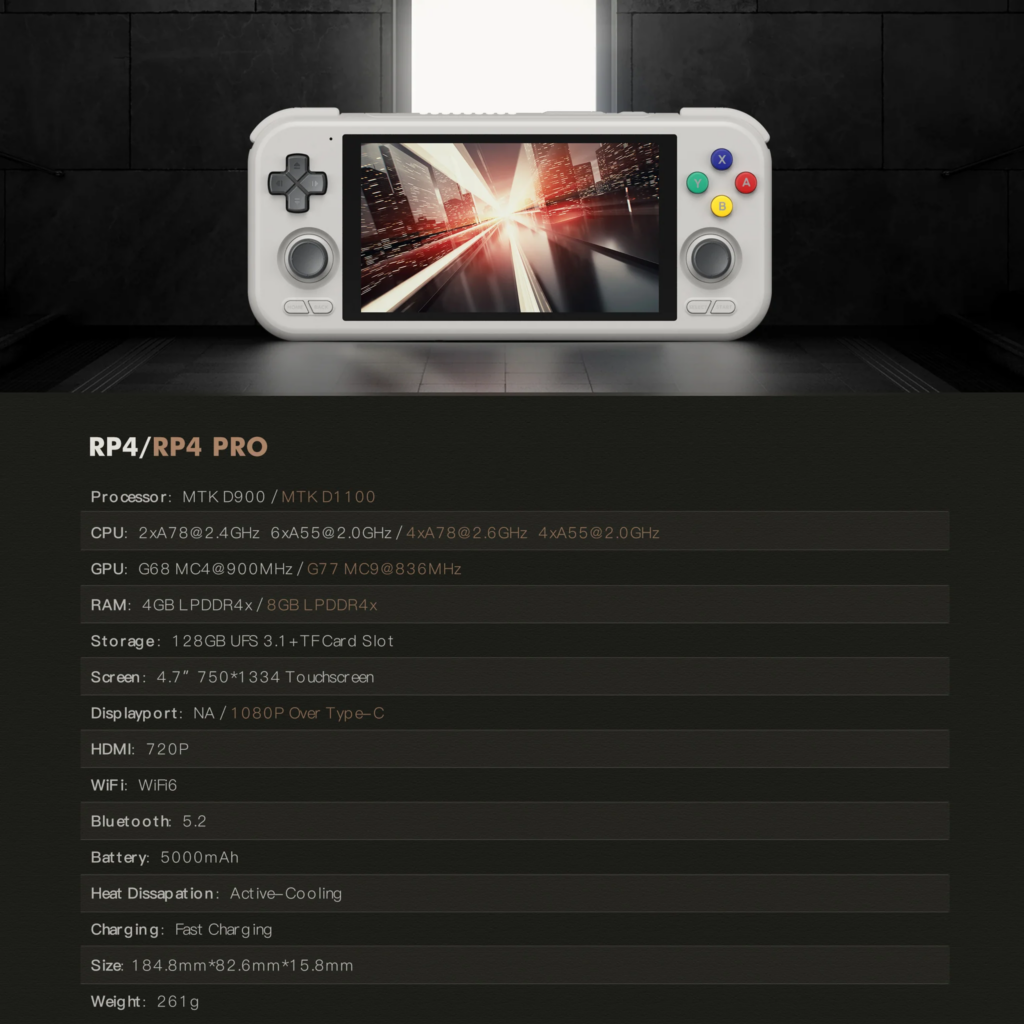 Retroid Pocket 4 Pro technical specifications include a powerful processor high resolution display extensive RAM and storage and support for various gaming emulators and applications offering a premium handheld gaming experience
