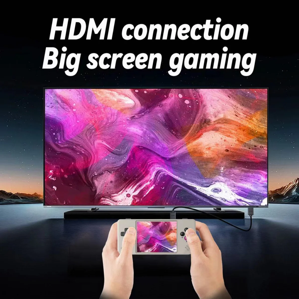 Anbernic RG28xx handheld gaming console with HDMI connection, featuring a retro design with a sleek, modern finish. The console includes a vibrant screen, ergonomic controls, and a compact form factor ideal for portable gaming, with the added capability to connect to external displays via HDMI.