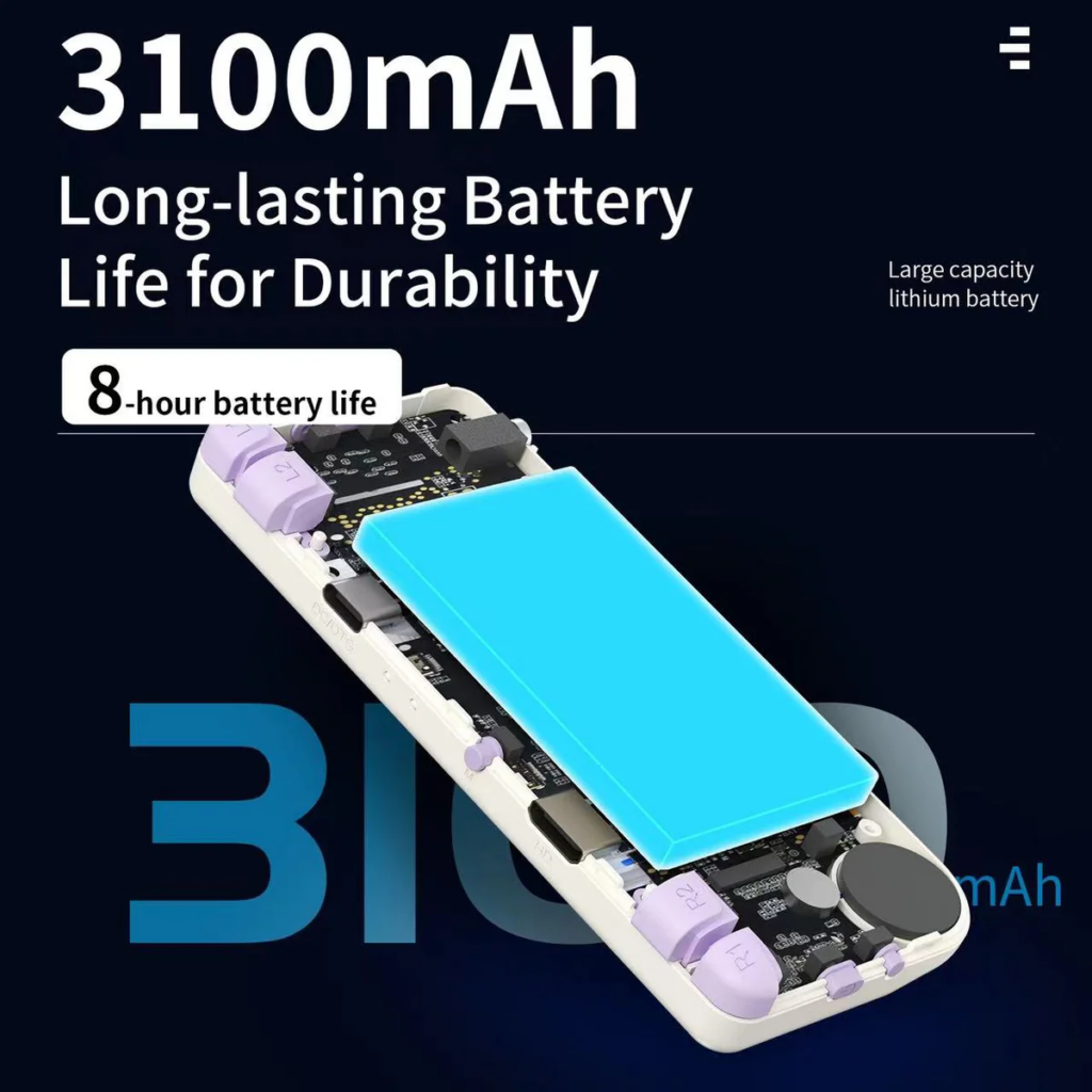 Anbernic RG28xx handheld gaming console with a 3100mAh battery, featuring a retro design with a sleek, modern finish. The console includes a vibrant screen, ergonomic controls, and a compact form factor ideal for portable gaming, offering extended playtime with its high-capacity battery.