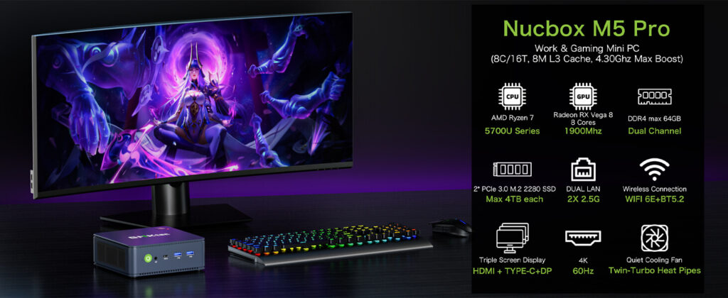 Technical specifications of the GMKtec NucBox M5 mini PC featuring AMD Ryzen 7 5700U processor, designed for high-performance computing in a compact form factor.