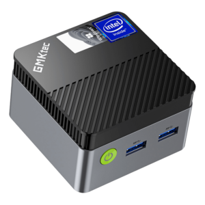 The image shows the GMKTEC NUCBOX G5 Mini PC, a compact and sleek device designed for computing on the go. The mini PC has a modern, minimalist design with a smooth black finish. Its small form factor makes it highly portable, easily fitting in one hand. The front of the device features multiple ports, including USB and audio jacks, allowing for various connectivity options. The GMKTEC logo is subtly placed on the top surface, adding a touch of brand identity without being obtrusive. The overall design is clean and functional, emphasizing both aesthetics and practicality.