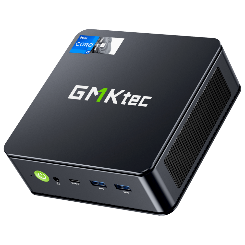 The image showcases the GMKTEC NUBOX K7 Plus Mini PC, a compact and powerful computing device. It features a sleek, modern design with a matte black finish. The GMKTEC logo is prominently displayed on the top surface. The design emphasizes high performance, portability, and versatility, making it suitable for a variety of computing tasks.