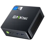 The image showcases the GMKTEC NUBOX K7 Plus Mini PC, a compact and powerful computing device. It features a sleek, modern design with a matte black finish. The GMKTEC logo is prominently displayed on the top surface. The design emphasizes high performance, portability, and versatility, making it suitable for a variety of computing tasks.