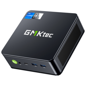 La imagen muestra el GMKTEC NUBOX K7 Plus Mini PC, un dispositivo informático compacto y potente. Presenta un diseño elegante y moderno con un acabado negro mate. El logotipo de GMKTEC ocupa un lugar destacado en la superficie superior. El diseño hace hincapié en el alto rendimiento, la portabilidad y la versatilidad, por lo que es adecuado para una gran variedad de tareas informáticas.