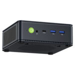 The image displays the front panel of the GMKTEC NUBOX K7 Plus Mini PC, highlighting its input/output ports. These include multiple USB ports and a 3.5mm audio jack, arranged neatly for easy access. The design ensures user-friendly connectivity options for peripherals and accessories.