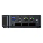 The image shows the back panel of the GMKTEC NUBOX K7 Plus Mini PC, highlighting its input/output ports. These include HDMI ports, USB ports, an Ethernet port, and audio jacks. The layout is organized for easy access and efficient cable management, enhancing the device's connectivity and functionality.