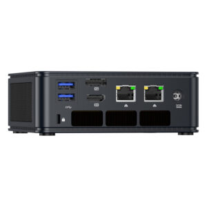 The image shows the back panel of the GMKTEC NUBOX K7 Plus Mini PC, highlighting its input/output ports. These include HDMI ports, USB ports, an Ethernet port, and audio jacks. The layout is organized for easy access and efficient cable management, enhancing the device's connectivity and functionality.