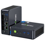 Die Abbildung zeigt die Eingangs-/Ausgangsanschlüsse des GMKTEC NUBOX K7 Plus Mini PC. Zu diesen Anschlüssen gehören HDMI-Anschlüsse, USB-Anschlüsse, ein Ethernet-Anschluss und Audiobuchsen, die eine Reihe von Anschlussmöglichkeiten bieten. Die Anschlüsse sind übersichtlich angeordnet und ermöglichen einen einfachen Zugang und ein effizientes Kabelmanagement, was die Funktionalität des Geräts und die Benutzerfreundlichkeit erhöht.