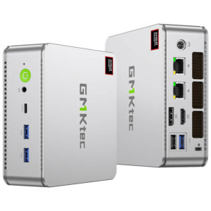 The image shows the input/output ports of the GMKTEC NUBOX K8 Mini PC in a stylish silver finish. The ports include HDMI ports, USB ports, Ethernet port, and audio jacks, facilitating versatile connectivity options. The layout is organized for easy access and efficient cable management, enhancing the device's functionality and user experience.