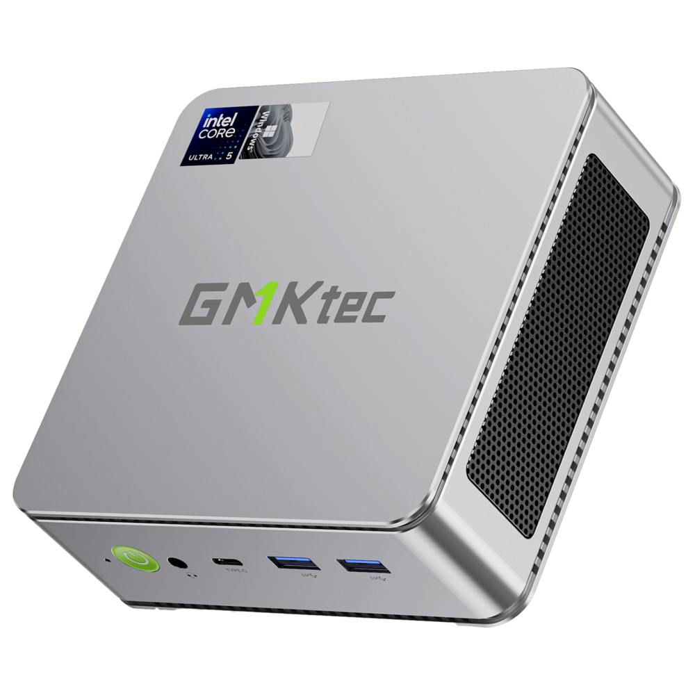 The image showcases the GMKTEC NUBOX K9 Mini PC in a stylish silver finish, adding a touch of elegance to its sleek design. The silver color enhances its modern aesthetic, making it an attractive addition to any workspace. The GMKTEC logo is subtly displayed on the top surface. Overall, the image highlights the sophisticated appearance of the GMKTEC NUBOX K9 Mini PC in silver