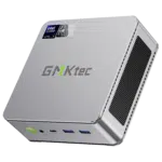 The image showcases the GMKTEC NUBOX K9 Mini PC in a stylish silver finish, adding a touch of elegance to its sleek design. The silver color enhances its modern aesthetic, making it an attractive addition to any workspace. The GMKTEC logo is subtly displayed on the top surface. Overall, the image highlights the sophisticated appearance of the GMKTEC NUBOX K9 Mini PC in silver