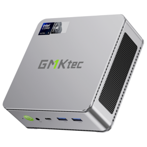 The image showcases the GMKTEC NUBOX K9 Mini PC in a stylish silver finish, adding a touch of elegance to its sleek design. The silver color enhances its modern aesthetic, making it an attractive addition to any workspace. The GMKTEC logo is subtly displayed on the top surface. Overall, the image highlights the sophisticated appearance of the GMKTEC NUBOX K9 Mini PC in silver