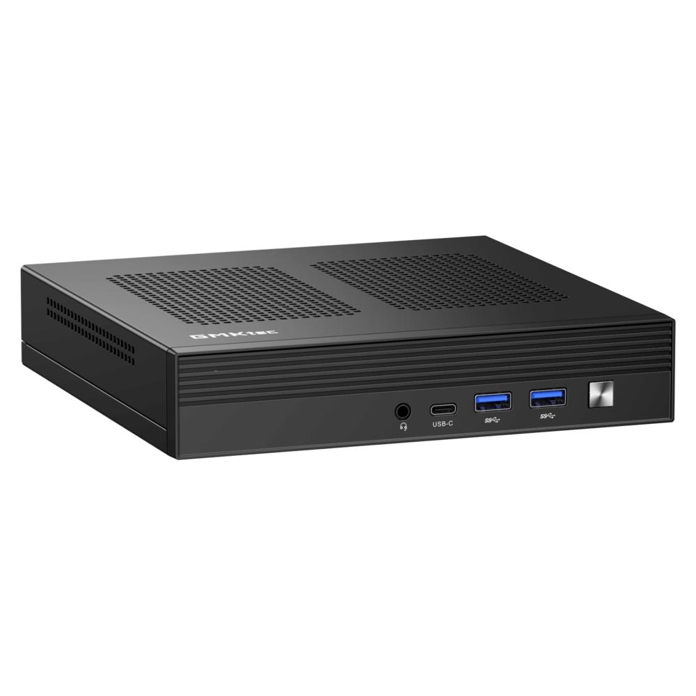 L&#039;image montre le mini PC GMKTEC NUBOX M4, un dispositif informatique compact et élégant. Le mini PC a une finition noire mate élégante et un design minimaliste. La face avant comporte plusieurs ports d&#039;entrée/sortie, dont des ports USB, une prise audio et éventuellement un bouton d&#039;alimentation. Le logo GMKTEC est bien visible sur la surface supérieure. Le petit format de l&#039;appareil souligne sa portabilité et sa praticité pour divers besoins informatiques.