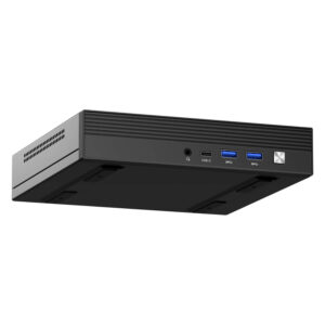 L'image montre le mini PC GMKTEC NUBOX M4, mettant en évidence son design moderne et compact. L'appareil présente une finition noire mate élégante, des lignes épurées et une esthétique minimaliste. La surface supérieure affiche le logo GMKTEC. Le design général met l'accent sur la portabilité et la fonctionnalité, ce qui permet de répondre à divers besoins informatiques dans un format compact et discret.