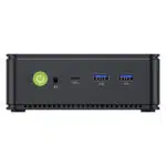 The image displays the GMKTEC NUBOX M5 Mini PC, a compact and stylish computing device. It features a sleek matte black design with a minimalist aesthetic. The device is equipped with powerful hardware suitable for various computing tasks. The GMKTEC logo is subtly placed on the top surface. Overall, the design emphasizes portability, functionality, and modernity.