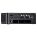 The image shows the front panel of the GMKTEC NUBOX M5 Mini PC, highlighting its input/output ports. The ports include multiple USB ports, a 3.5mm audio jack, and possibly a power button. The ports are neatly arranged for easy access, emphasizing the device's user-friendly design and connectivity options.