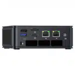 The image shows the front panel of the GMKTEC NUBOX M5 Mini PC, highlighting its input/output ports. The ports include multiple USB ports, a 3.5mm audio jack, and possibly a power button. The ports are neatly arranged for easy access, emphasizing the device's user-friendly design and connectivity options.