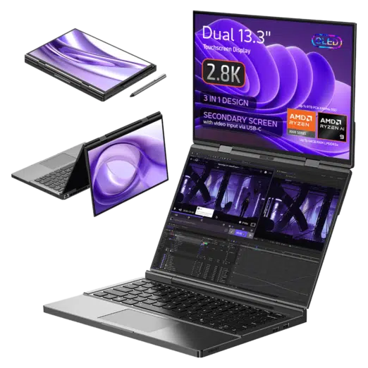 Image of the GPD Duo laptop, showcasing its 3-in-1 design with dual 13.3-inch touchscreen displays, each with 2.8K OLED resolution. The laptop is displayed in various modes: tablet, tent, and dual-screen laptop configurations. The secondary screen supports video input via USB-C. Specifications highlighted include AMD Ryzen 7 8840U or Ryzen AI, up to 64GB LPDDR5x RAM, and up to 8TB PCIe 4.0 NVMe SSD storage