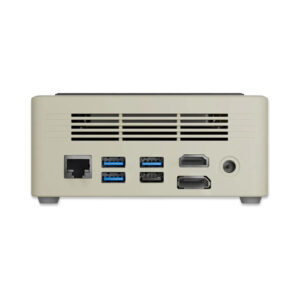 AYANEO AM01 Retro Mini PC I/O View: Highlighting versatile connectivity options including 1x USB 3.2 Type-C, 3x USB Type-A 3.2 Gen 2, 1x USB Type-A 2.0, 1x HDMI (4K@60Hz), 1x DisplayPort 1.4, and 1x 3.5mm headphone & microphone combo jack, showcasing its advanced and comprehensive I/O configuration