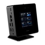 Front view of the Minisforum AtomMan X7 Ti, featuring a sleek, modern design. The device includes multiple ports such as USB, HDMI, and Ethernet. It is designed for high performance with advanced cooling systems, ensuring efficient and quiet operation.