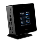 Front view of the Minisforum AtomMan X7 Ti featuring a sleek modern design The device includes multiple ports such as USB HDMI and Ethernet It is designed for high performance with advanced cooling systems ensuring efficient and quiet operation