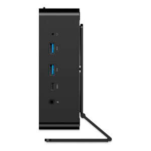 Side view of the sleek Minisforum AtomMan X7 Ti, showcasing its slim profile and modern aesthetics. The device includes multiple ports such as USB, HDMI, and Ethernet, and is built for high performance with advanced cooling technology to ensure efficient and quiet operation.