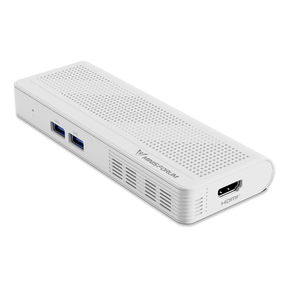 Front view of the Minisforum S100 PC stick, showcasing its compact and sleek design with visible ports including USB3.2 Gen2 Type-A, HDMI, USB3.2 Gen2 Type-C, and RJ45 2.5G Ethernet port. The device features the Intel N100 processor, providing low power consumption and quiet operation. It supports PoE IEEE 802.3at power delivery for enhanced performance and efficiency.