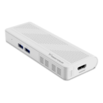 Front view of the Minisforum S100 PC stick, showcasing its compact and sleek design with visible ports including USB3.2 Gen2 Type-A, HDMI, USB3.2 Gen2 Type-C, and RJ45 2.5G Ethernet port. The device features the Intel N100 processor, providing low power consumption and quiet operation. It supports PoE IEEE 802.3at power delivery for enhanced performance and efficiency.