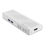 Front view of the Minisforum S100 PC stick showcasing its compact and sleek design with visible ports including USB32 Gen2 Type A HDMI USB32 Gen2 Type C and RJ45 25G Ethernet port The device features the Intel N100 processor providing low power consumption and quiet operation It supports PoE IEEE 8023at power delivery for enhanced performance and efficiency
